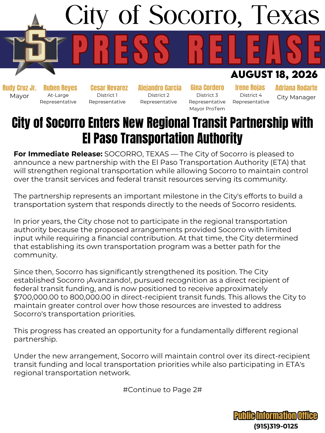 City of Socorro Enters New Regional Transit Partnership with El Paso Transportation Authority 1