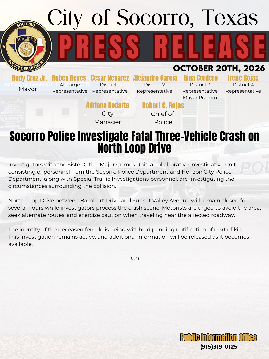 Socorro Police Investigate Fatal Three-Vehicle Crash on North Loop Drive 2