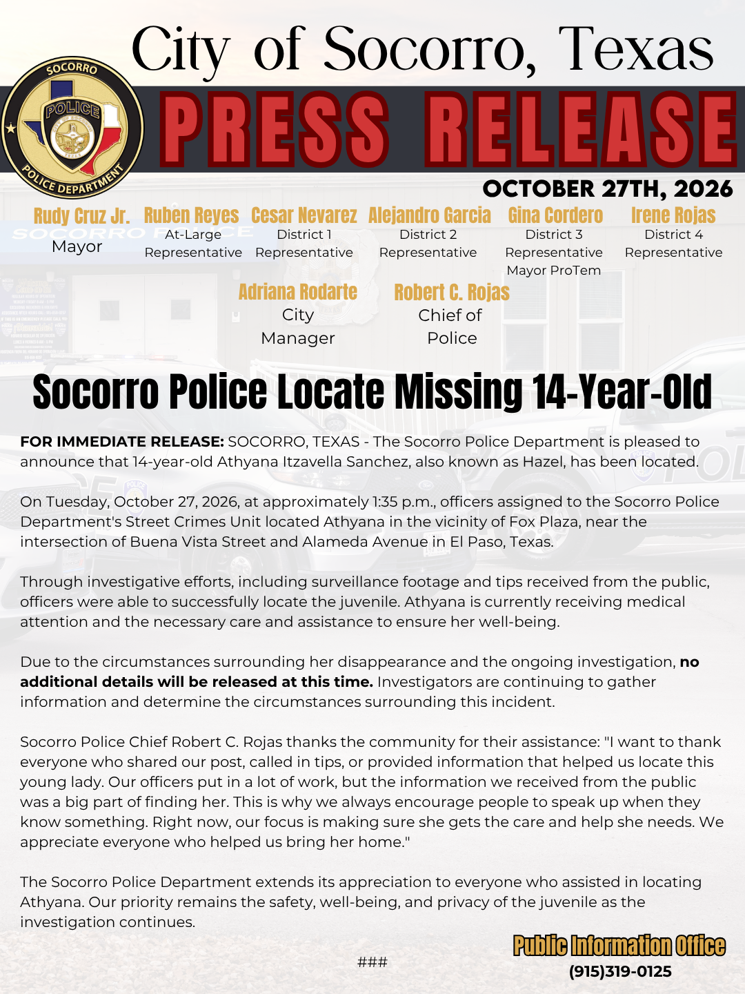 Socorro Police Locate Missing 14-Year-Old